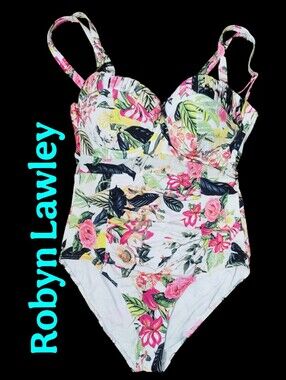 Robyn Lawley Floral One-Piece Swimsuit -sheer Stip And Ruched Waist